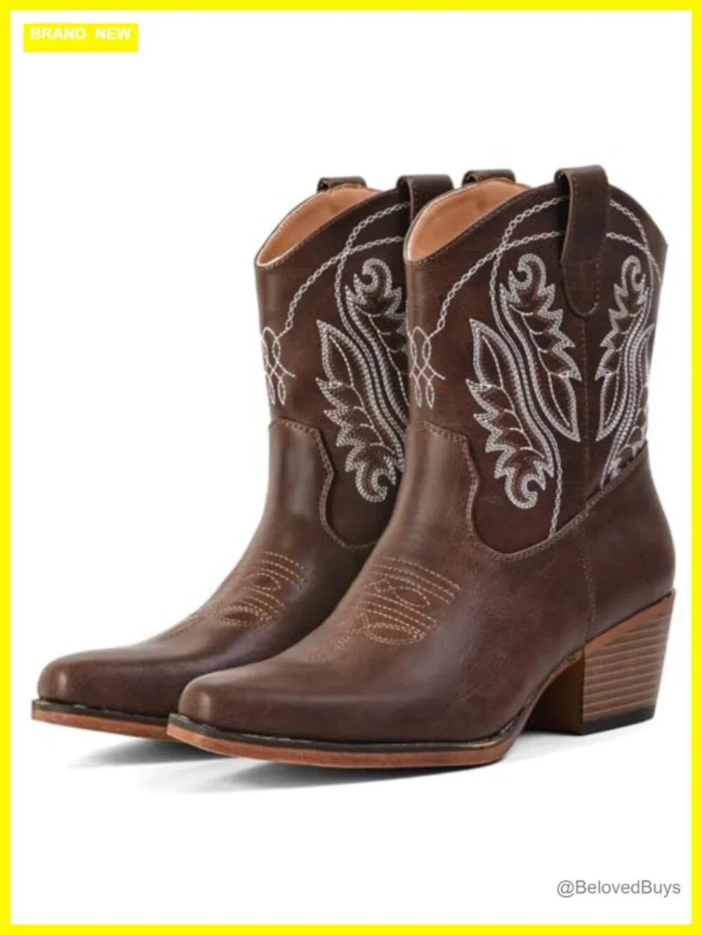 Faux Leather Ankle Cowboy Booties Snip Toe Chunky Heel Western Boots for Women